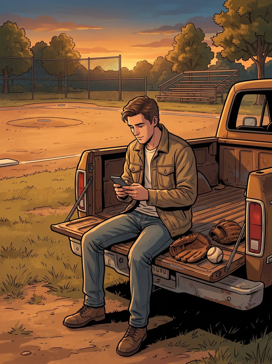 A young man on a truck tailgate beside an empty baseball field at dusk, two worn gloves beside him, typing answers about his brother