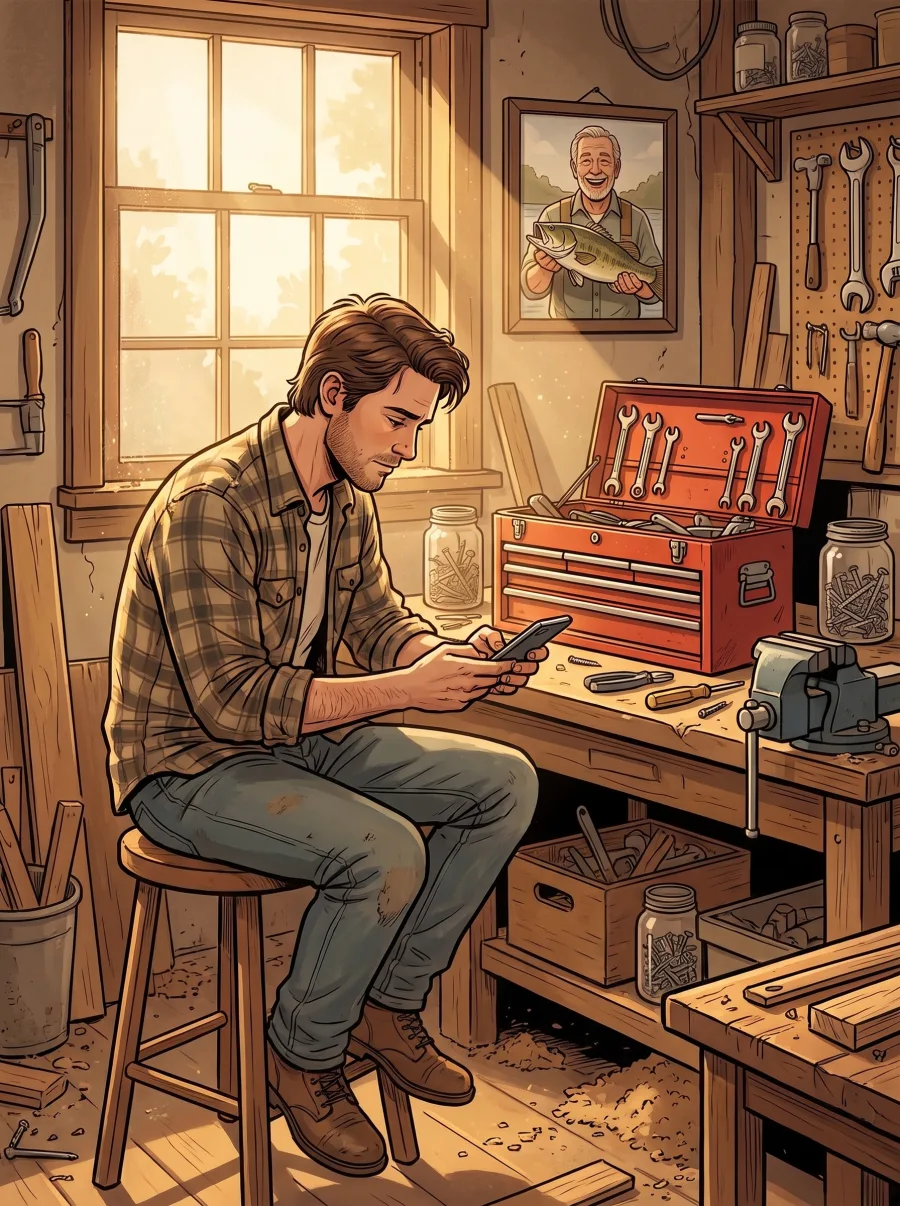 A man on a stool in his father's old workshop beside an open toolbox, typing answers about his dad under a photo of him holding a fish