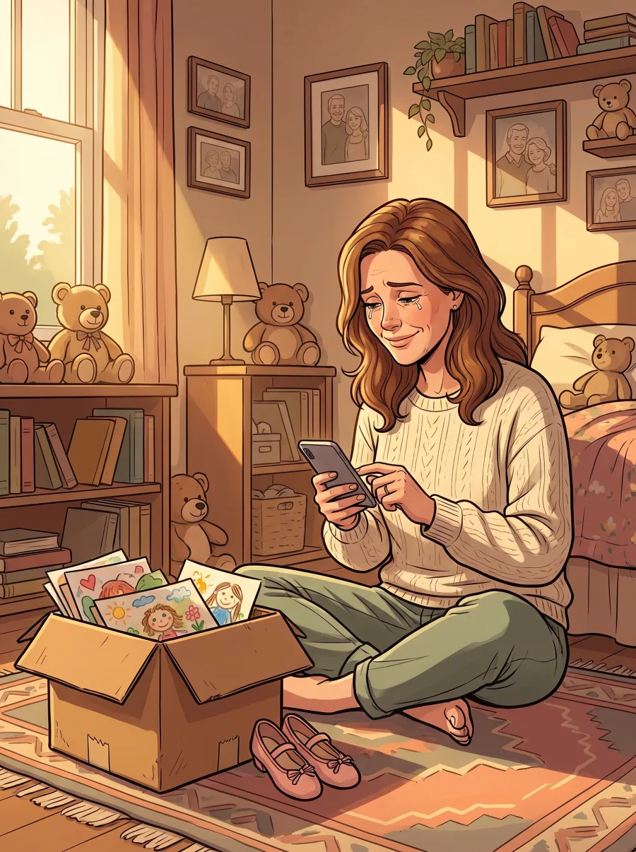 A mother sitting on the floor of her daughter's childhood bedroom beside a box of school art and small ballet shoes, typing on her phone with wet eyes