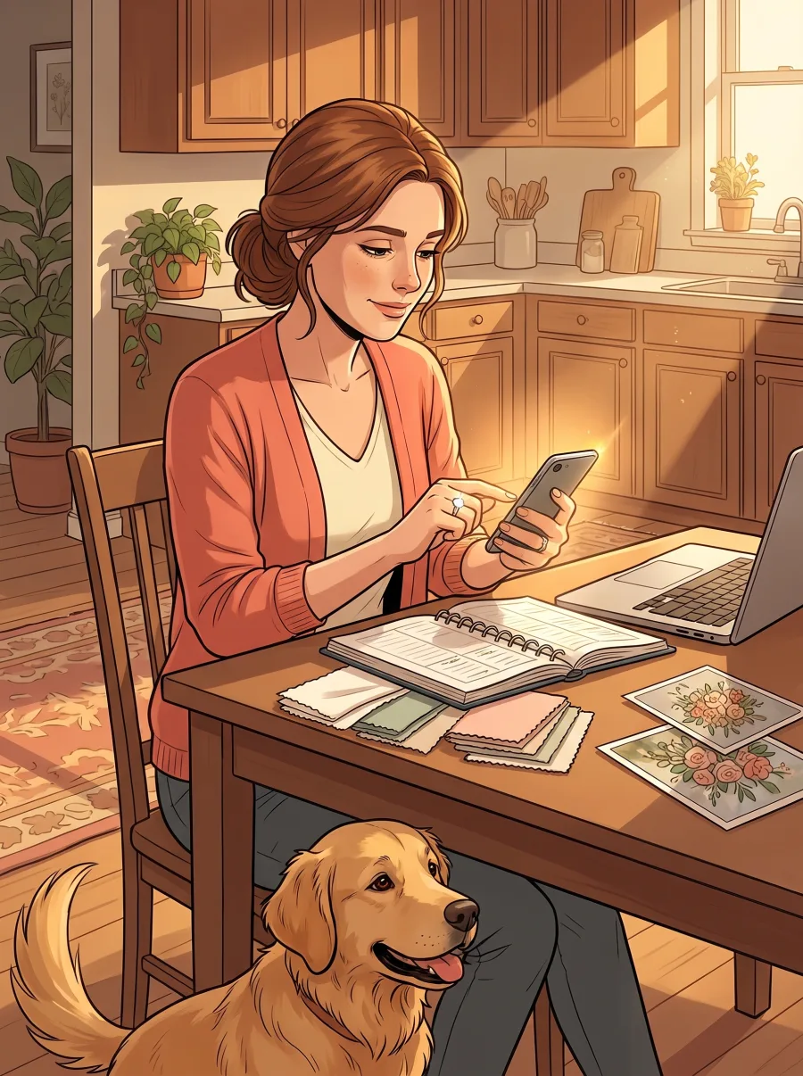 A woman at a kitchen table covered in wedding swatches and flower samples, typing answers about her fiancé, her dog resting its head on her knee
