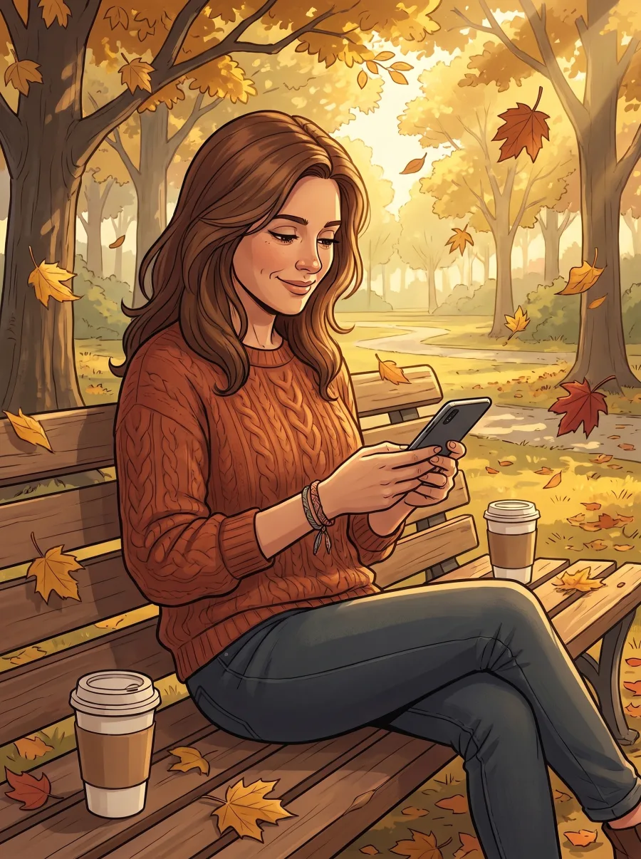 A woman on a park bench with two coffees and a friendship bracelet on her wrist, typing answers about her friend as autumn leaves fall