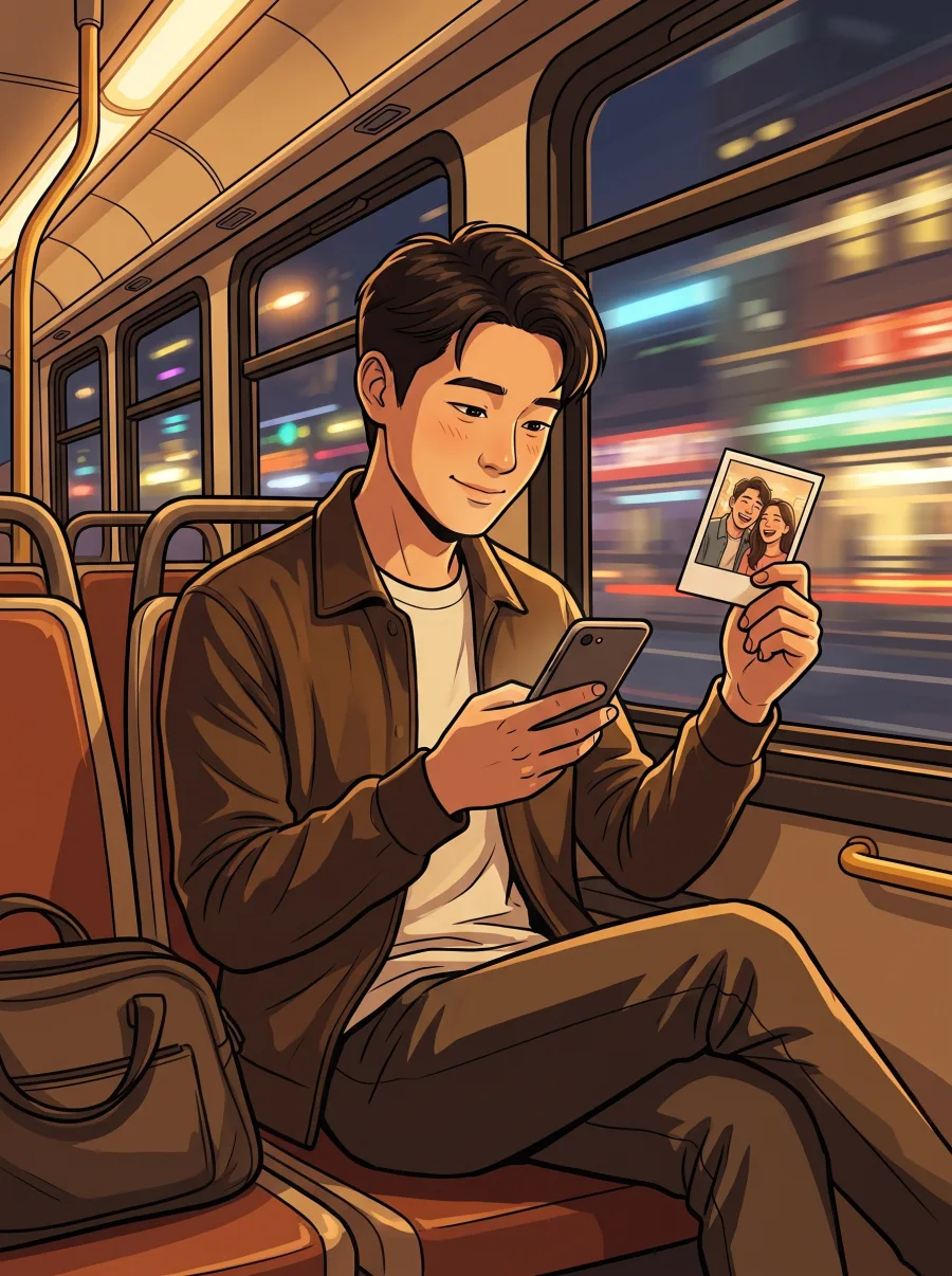 A young man on a city bus at night, smiling shyly as he types answers about his girlfriend, a polaroid of the two of them in his hand