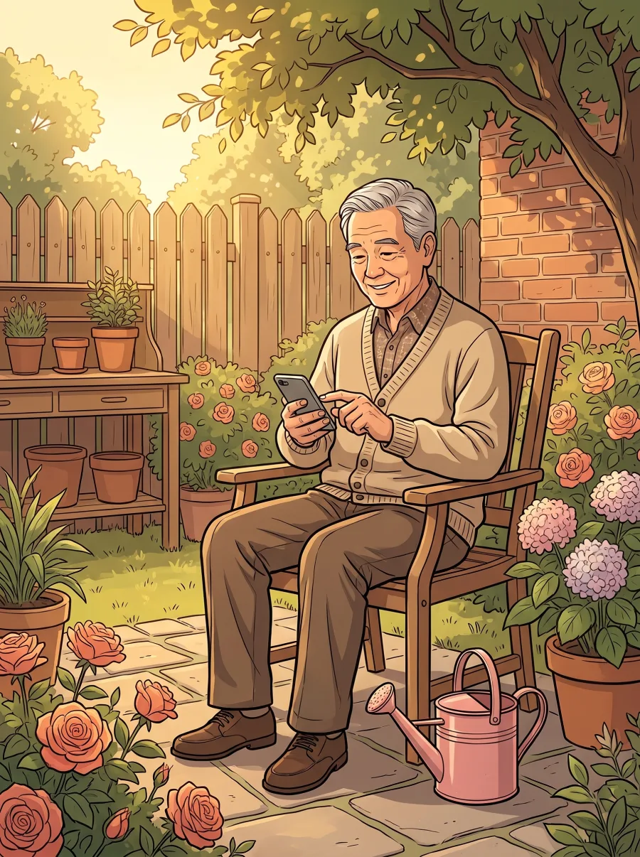 A grandfather in a garden chair beside a small pink watering can, carefully typing answers about his granddaughter with one finger