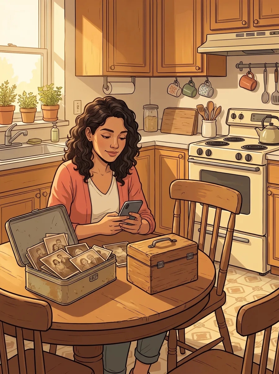 A young woman at her grandparents' old kitchen table with a tin of family photos and a recipe box, typing answers about them on her phone
