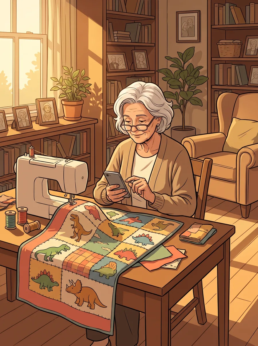 A grandmother at her sewing table beside a half-finished dinosaur quilt, typing answers about her grandson with her reading glasses down her nose