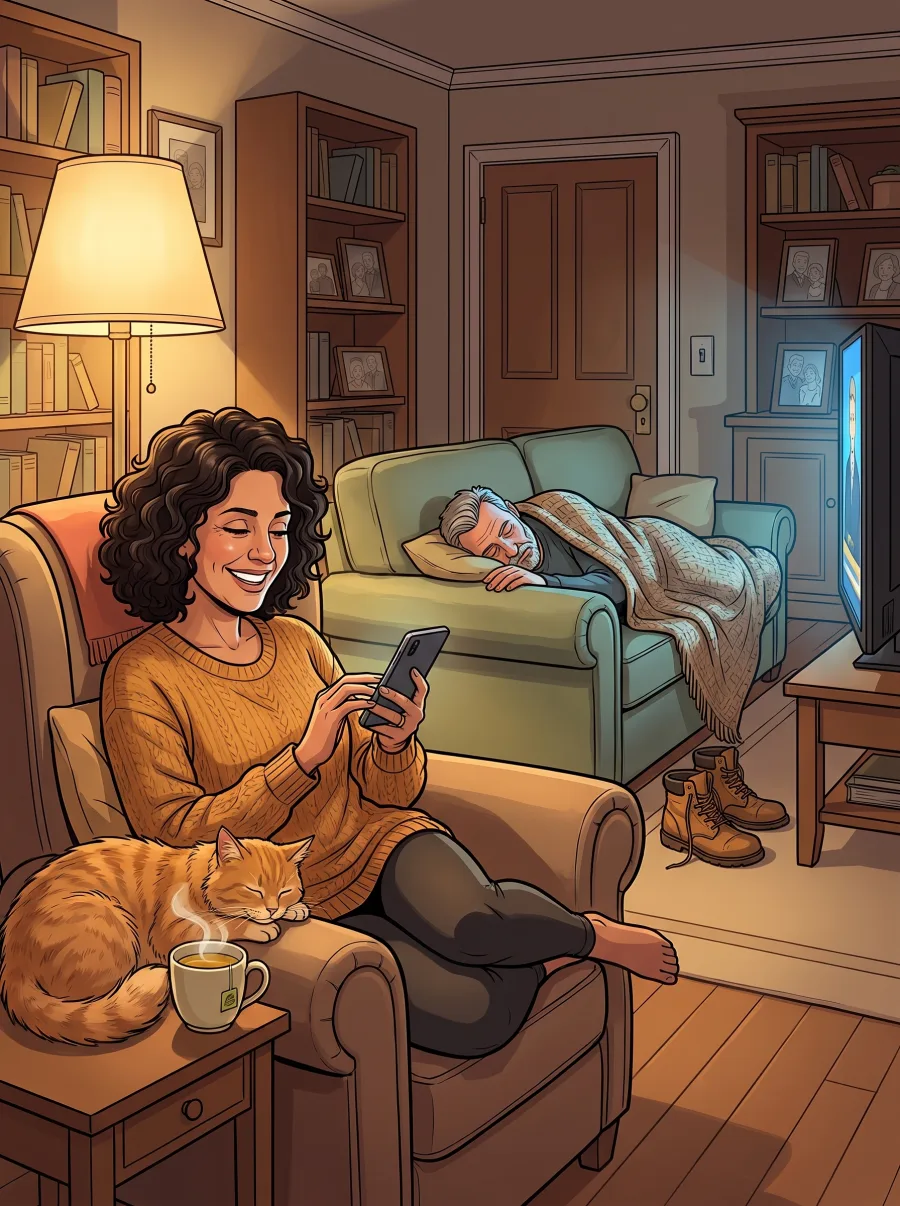 A woman curled up in an armchair late at night, smiling as she types answers about her husband on her phone while he sleeps on the couch