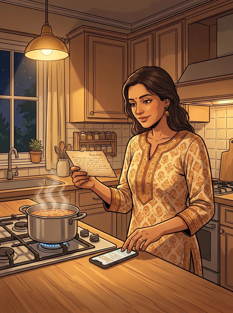A woman at her kitchen counter late at night holding her mother's handwritten recipe card as she types answers about her mom