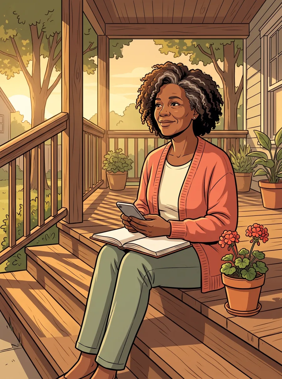 A woman on her porch steps at sunrise with an open journal on her knees and her phone in her hand, a small potted plant beside her