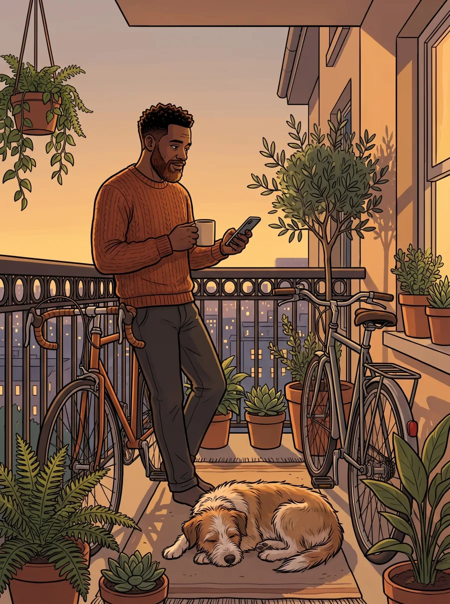 A man on a small balcony at dusk with a mug, typing answers about his partner, two bikes against the railing and a dog asleep at his feet
