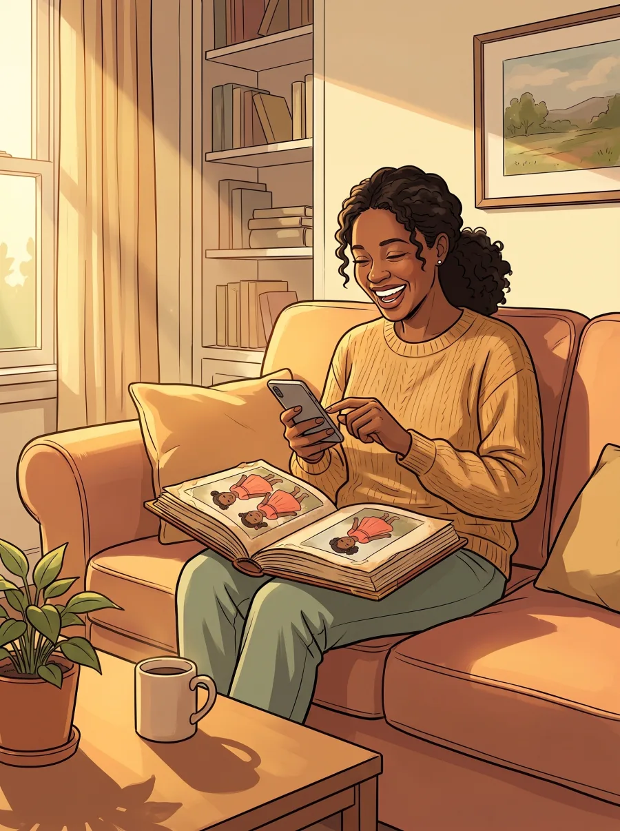 A woman on a couch with an old photo album of two little girls open on her lap, laughing as she types answers about her sister