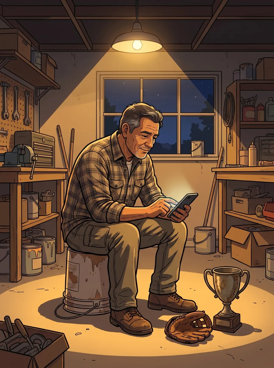 A father sitting on an upturned bucket in his garage at night, a small baseball glove and an old trophy beside him, typing answers about his son