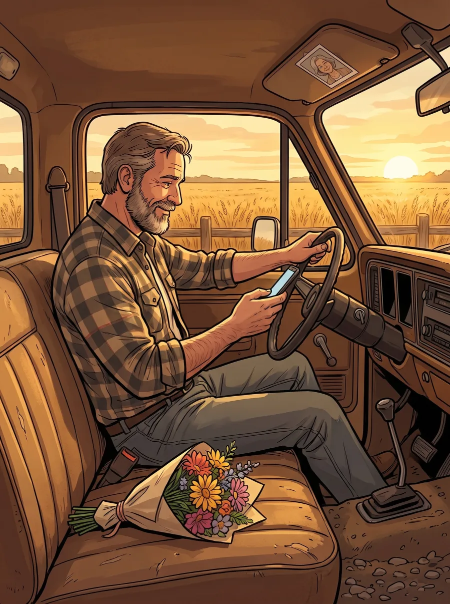 A man in his parked pickup beside a wheat field at golden hour, grinning as he types answers about his wife, her photo tucked in the sun visor and flowers on the seat